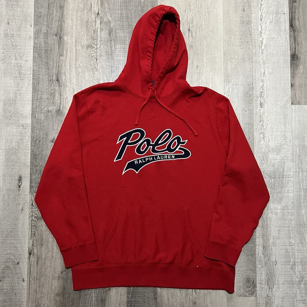 Polo Ralph Lauren Red Hoodie Mens 2XL Script Logo Drawstring Pullover Fleece